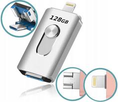 USB atmintinė 128GB, 3-in-1, USB 3.0, Lightning, Micro USB OTG, sidabrinė