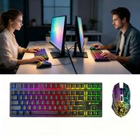Belaidė žaidimų pelė su apšvietimu ir mechaninė LED klaviatūra