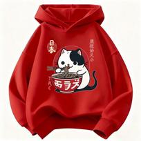 Japanese Style Cat Eat Ramen Hoodie Manga Kids Cat Children'S Sweatshirt Cute Hoody For Boys Girls Casual Hoodies Spring 110 raudona