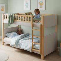 Bunk Bed, Children's Bed, Soft Anti-Collision Foam Edge, Four-Step Straight Staircase, Sturdy Slatted Frames, Rubberwood + MDF, Grey+Natural, 90x200cm 209 x 94.7 x 154 cm pilka
