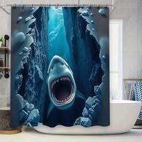 3D Shark Passing Through Rock Cave Print Waterproof Polyester Shower Curtain For Bathroom Decor With Hooks Complimentary Hook W90H165(CM)-1 Pcs blue