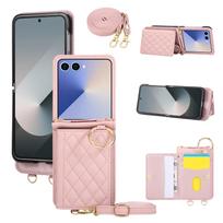 Flip7 Leather Wallet Case for Samsung Galaxy Z Flip 7 6 5 4 3 with Card Slot Ring Holder and Crossbody Strap Women Fashion Galaxy Z Flip4 rožinė