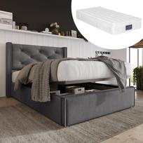Hydraulic Single Bed, Upholstered, 90x200cm, Metal Slatted Frame, Modern, Storage Space, Cotton, Grey (With Mattress) pilka