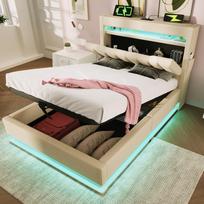 90x200cm Upholstered Single Bed, Headboard with USB and Type-C, LED Lighting at Head and Foot, Hydraulic Storage, Beige, Linen. (Without Mattress) 218 x 92 x 112 cm smėlis