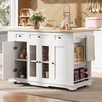 Kitchen island, removable partitions, kitchen cabinet, dining cart with worktop, buffet cabinet, tempered glass cabinet, white 151.5 x 60 x 91.7 cm