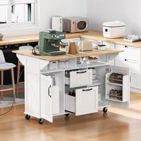 Kitchen island with casters, extendable dining table, drawers, towel holder, power strips, ideal for kitchen and dining room (white)