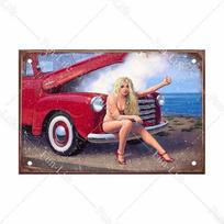 Vintažinė pin-up mergina su automobiliu Metalinis plakatas Skardinė lentelė Namų baro, kavinės, garažo dekoras beige