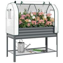 Galvanised Raised Planter with Greenhouse Cover, Metal Raised Garden Bed on Legs with Bed Liner and Bottom Shelf 120 x 55 x 140 cm