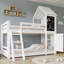 Bunk Bed, With Small Door and Board, Windows and Roof, Three-Step Slanted Ladder, Slatted Frames, Pine + MDF + PB + Plywood, White, 90x200cm 205 x 130 x 196.5 cm balta