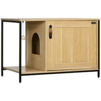Cat Litter Box Enclosure Industrial Style Side Entry Door Hanging Ball Steel Frame Light Wood Look 80 x 48 x 55 cm