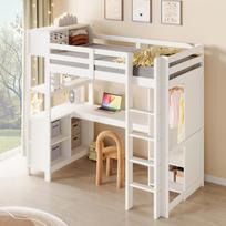 Loft bed, 90x200 cm, shelves, multiple storage compartments, desk, wardrobe, without mattress, white 232.5 x 100 x 189.5 cm balta