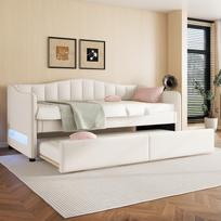 Daybed, 90x200cm day bed with pull-out bed, sofa bed, single bed (without mattress), ambient light design, linen, minimalist styling, beige 212 x 99 x 85 cm