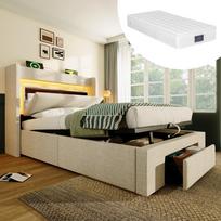 Upholstered Bed 90x200 cm with Hydraulic Storage, Headboard, LED Lighting and USB & USB-C Port, Wood Slat Frame, Beige, Linen, With Mattress 219 x 101 x 111 cm