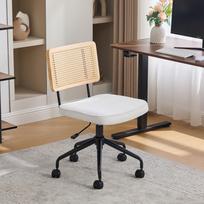 Vintage Rattan Office Chair with Wheels - Adjustable Swivel Desk Chair with Chenille Fabric Seat & Wooden Frame for Home Office, Living Room (Ivory) 55 x 58.5 x 91.5 cm