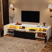 180*38.5*45cm High-Gloss TV Stand, TV Cabinet with LED Lighting, 2 Drawers, 2 Cabinets, Open Shelves, for 80-Inch TV, White + Black 180 x 38.5 x 45 cm