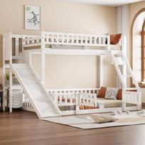 Bunk Bed, 90 x 200cm and 140 x 200cm, Railing, Pine Wood, Slide, Steps, En747, Multiple Shelves, Pull-out Small Door, Without Mattress, White 242 x 174.5 x 163 cm balta