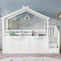Bunk Bed, with Fall Protection Guardrail, 1 Wardrobe and 2 Lockers, with 3 Lockers in the Staircase, Pine+MDF+Plywood, White+Green, 90x200cm 263 x 95 x 213.5 cm