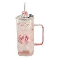 Square Shape Transparent Cup Water Bottle with Lids and Straws Clear Glass Cups with Handle Bow Knot Glasses Tumbler for Office 401-500ml white