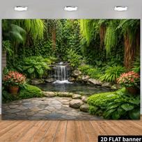 2D Lush Greenery Wall Mural with Cascading Waterfall Photo Background 82.7x59inch/210*150cm black