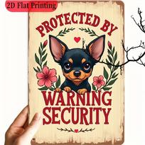 Vintage Cute Chihuahua Cartoon Protected By Warning Security Pet Guardian Sign High Definition Metal Tin Sign Wall Art  HD Pr 20x30cm（7.8x11.8inch） black