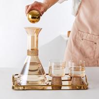 Glass Carafe Set 1150ml Bedside Water Carafe Pitcher with 4 260ml Drinking Cups for Nightstand Kitchen Golden with Rhinestone Decor beige