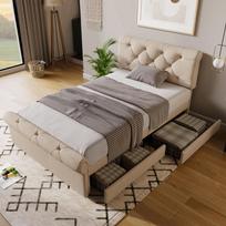 (=891112AAN) Single Upholstered Bed 90x200cm, Frame with 2 Drawers and Height-Adjustable Headboard, Chesterfield, Natural, without Mattress 225 x 98 x 110 cm natūrali