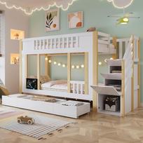 Bunk Bed, Children's Bed, Stair Cabinet, Three Drawers on Wheels, Small Board for Scribbling, Pine + MDF+PB+Plywood, White+Natural, 90x200cm 253 x 95 x 150 cm