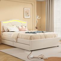 Upholstered bed, 90x200cm, with slatted frame (without mattress), with LED lights, with two drawers, adjustable headboard, linen, minimalist, beige 209 x 104 x 108.5 cm smėlis