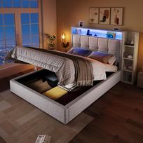 Upholstered Bed, 90x200 cm, with USB Type-C Charging, without Mattress, Multifunctional Storage, LED Lighting, Button/App Control, Linen, Beige 215 x 109.5 x 105 cm smėlis