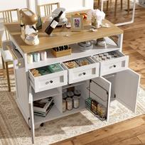 Modern Kitchen Island (118×43×98cm), Wood Grain Dining Cart on Wheels with Multifunctional Storage, Removable Dividers, Towel Holder, White 118 x 43 x 98 cm balta