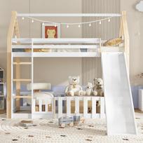 Bunk Bed, Children's Bed, with Fun Slide, Free Space with Fence, Sturdy Slatted Frames and Ladder, Pine + MDF + Plywood, White+Natural, 90x200cm 207 x 231 x 187 cm