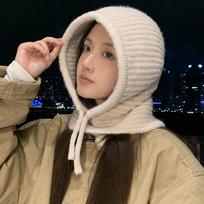 Vienspalvė megzta kepurė-šalikas, universali, šilta, neperpučiama vėjo, užtraukiama kepurė, moteriška rudeninė ir žieminė vilnonė kepurė One Size juoda