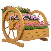 Raised Garden Bed, 3 Tiers, Wagon Wheel Decor, Natural Wood, 62 x 61 x 57 cm 61 x 62 x 57 cm