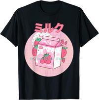 Carton Pink Funny  Strawberry Milk Shake Japanese Retro 90s TShirt Carton Unisexs ShortSleeved Harajuku Graphic Oversized Tee 4XL įvairiaspalvis