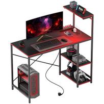 Carbon Fiber Gaming Desk with LED Lights 110x50 cm Power Outlets Shelves and Remote Control Black 110 x 50 x 113 cm