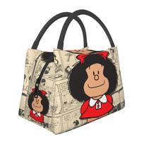 Custom Vintage Mafalda Manga Insulated Lunch Bags for Quino Comic Cartoon Thermal Cooler Bento Box Office Picnic Travel 28x17x16CM beige