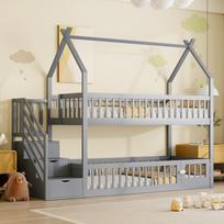 90x200 Children's Bunk Bed Solid Wood Bed with Roof, Safety Stairs and Storage Drawers, Storage Children's Bed Single Bed Gray 253 x 95 x 205 cm pilka