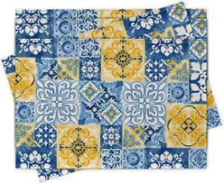 4pc Portuguese Azulejo Placemat Set, Mediterranean Blue Yellow Ceramic Tile Linen Table Mats for Dining Table 4PCS gray
