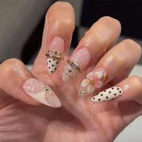 Press On Nail White With Polkas Dots 3D Floral Design Fake Nail For Special Occasions And Everyday Use 1 black