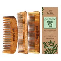 Nat Habit Kacchi Neem Wooden Comb - Soaked In 17 Herbs, Neem & Sesame Oil - Pocket-Sized For Voluminous Hair, Men & Kids Short Hair, Combo (Bouse Co brown
