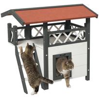 Cat House Outdoor w/ Balcony Stairs Roof, 77 x 50 x 73 cm, White 77 x 50 x 73 cm