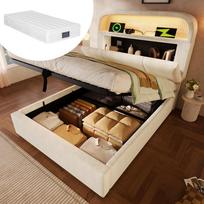 Upholstered bed 90x200 cm, height-adjustable storage headboard, hydraulic bed, LED lighting & USB/Type-C, velvet, beige, slatted frame, mattress 211 x 95 x 110 cm