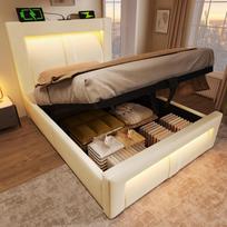 Single Bed 90x200 cm, Storage, Hydraulic, LED Lighting, App Control, USB & Type-C Charging Ports, Velvet, Curved Headboard, Beige, without Mattress 217 x 93 x 107 cm smėlis