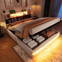 Upholstered Bed, 160x200cm, USB-C Charging Function, Ambient Lighting Strip, Headboard Storage, Hydraulic Storage, Without Mattress, LED Lights, Beige 220 x 166 x 111 cm smėlis