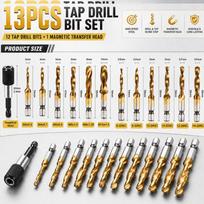 13pcs 3-In-1 Drill Bit Set, Titanium Coated 3-In-1 Threading Tool, with Quick Change Adapter, Drilling Threading Chamfering One-Step Forming SAE/Metric