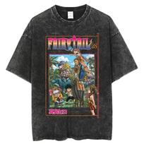 2026 summer Vintage Washed Fairy Tail Manga Cover Anime T-Shirt Unisex Oversized Streetwear Cotton Short Sleeve Casual Tops XL black