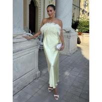 Sexy celebrity tube top satin slim dress fluffy feather stitching women's skirt S gray