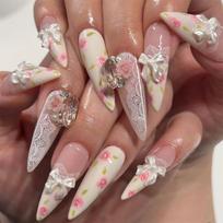 Long Almond Press On Nail with 3D Bows and Rose Floral Accents, Pink White French Fake Nail Set, 24Pieces for Daily Wear and Travel 1 brown