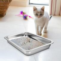 Large Stainless Steel Cat Litter Box Rectangular Low Edge Open Design Stable Anti-Splashing Easy Clean Litter Tray for Household 36X27X4.8CM white