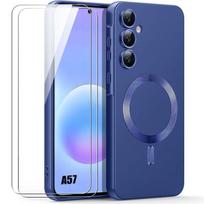 Dėklas Samsung Galaxy A57 5G, Silikoninis su magnetiniu žiedu, Tamsiai mėlynas - 2 Grūdinti stiklai mėlyna